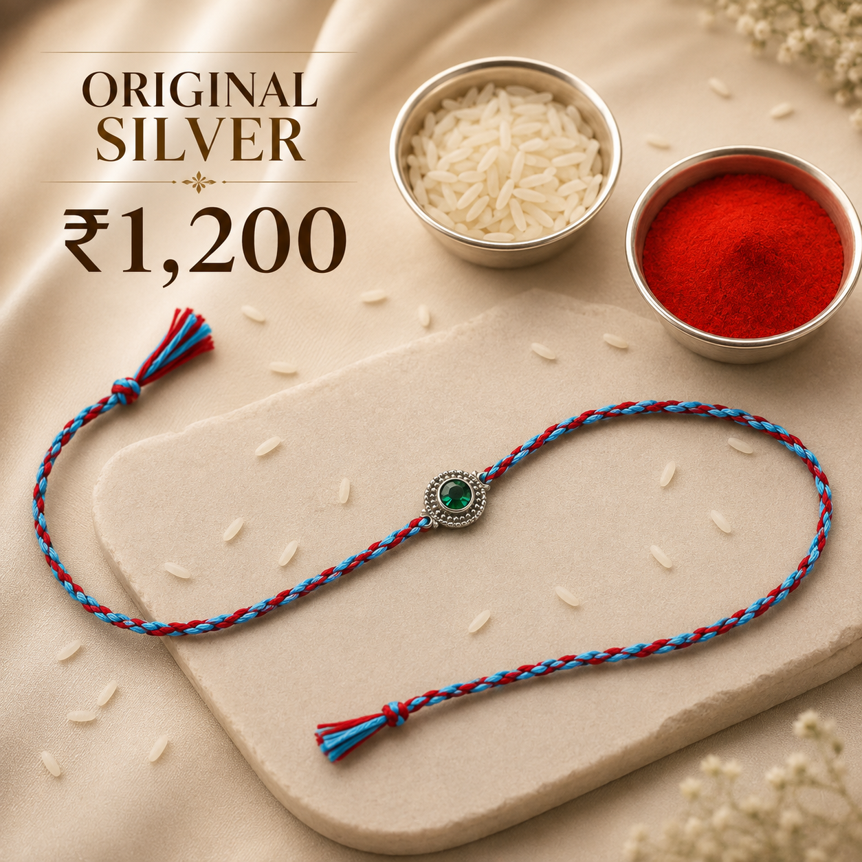 Original Silver Green Stone Rakhi